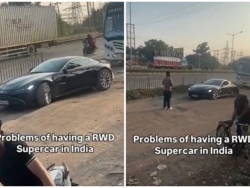 Xe thể thao Aston Martin Vantage mắc kẹt vì gặp ổ gà trên đường